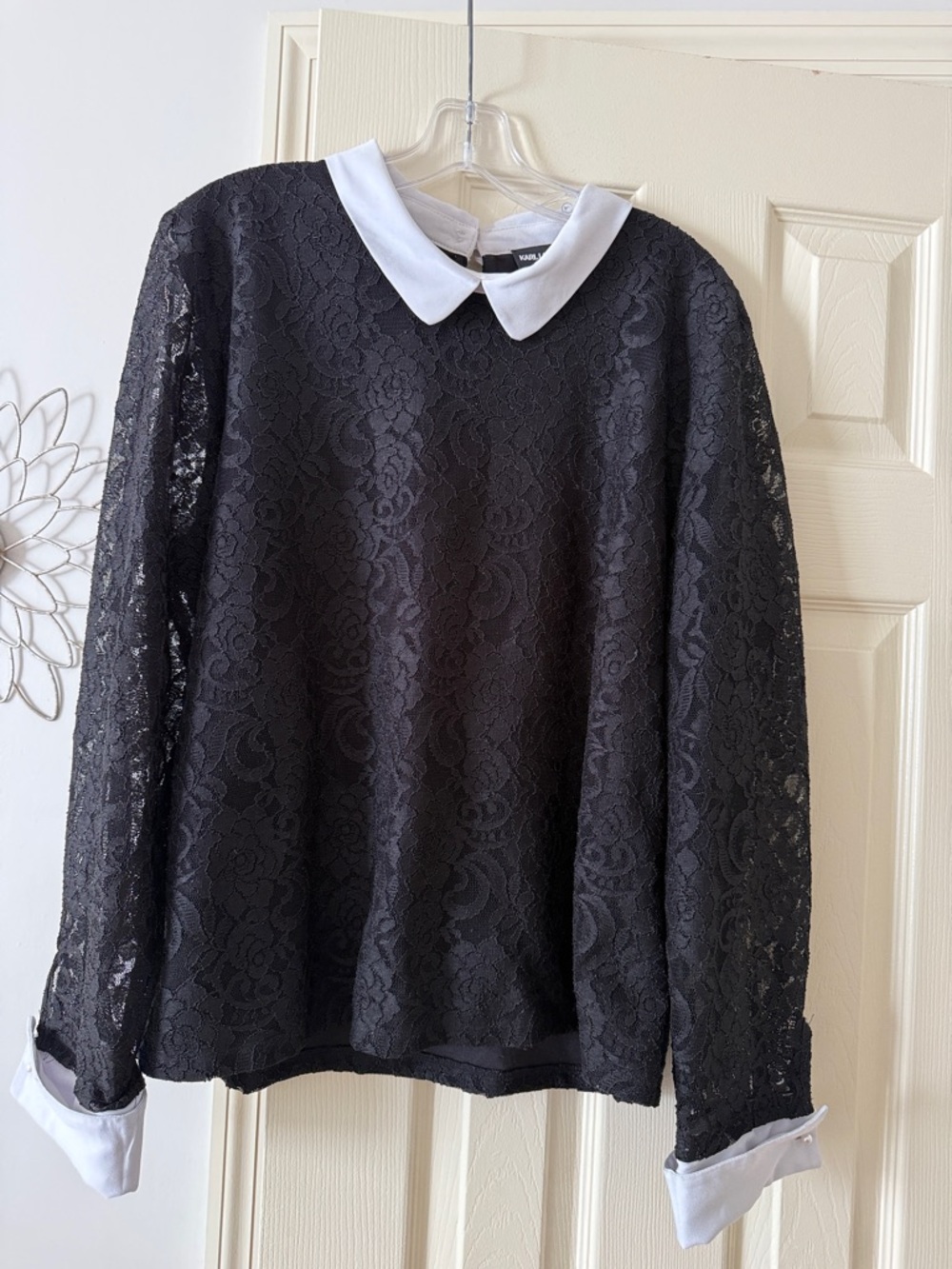 Karl Lagerfeld Black Lace Blouse with White Collar and Cuffs